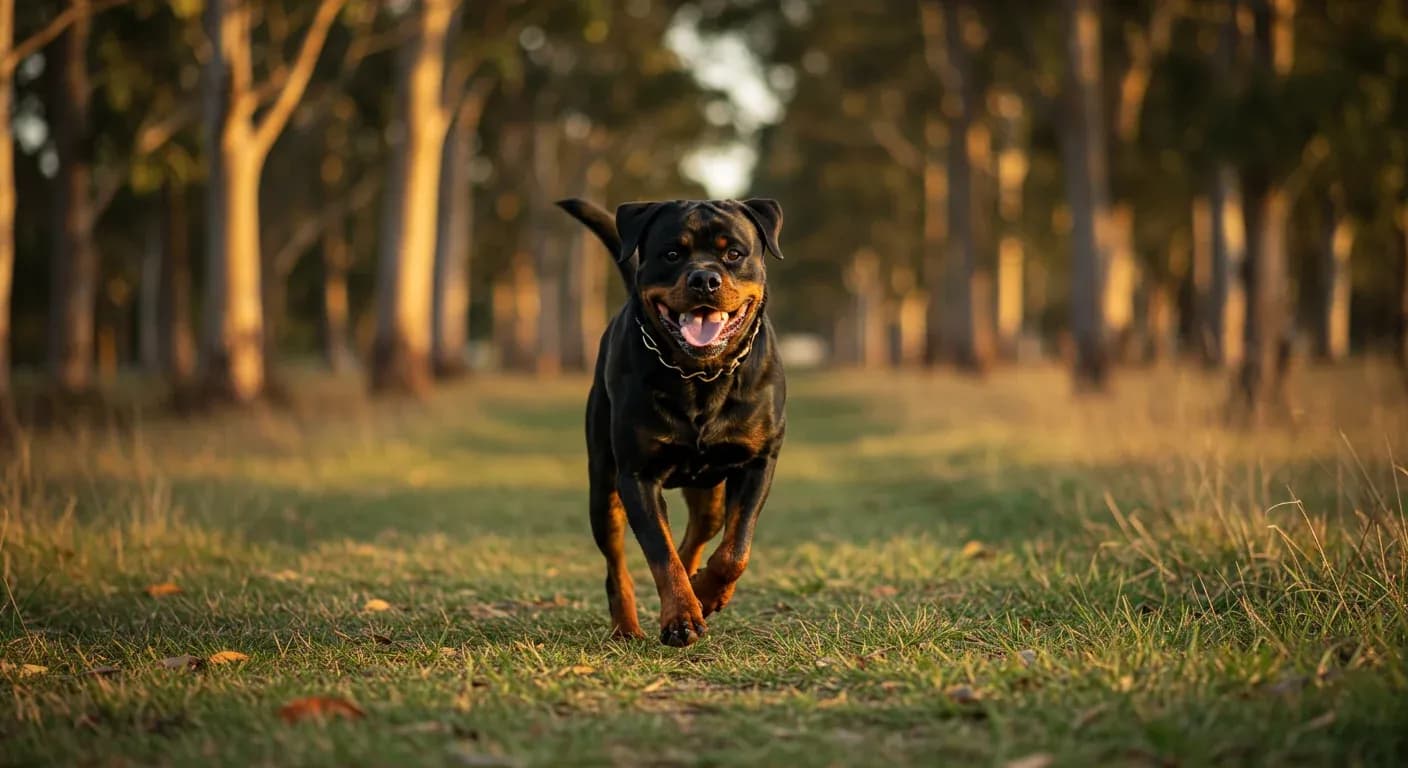 A healthy adult Rottweiler running on a grass trail during exercise, demonstrating the active lifestyle these working dogs require for optimal health and happiness