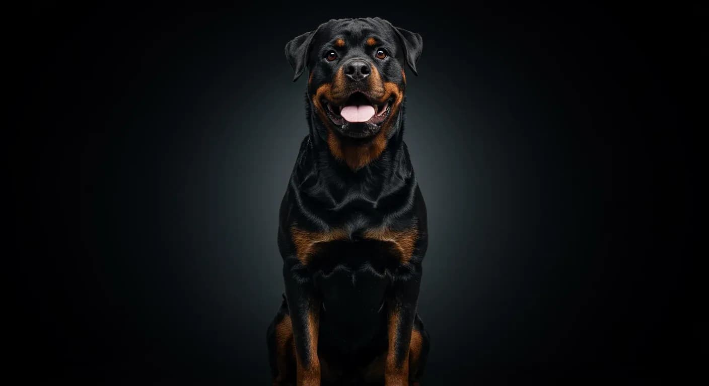 Professional portrait of a healthy Rottweiler sitting in a veterinary clinic, demonstrating the breed's strong, alert appearance that's central to understanding their health care needs