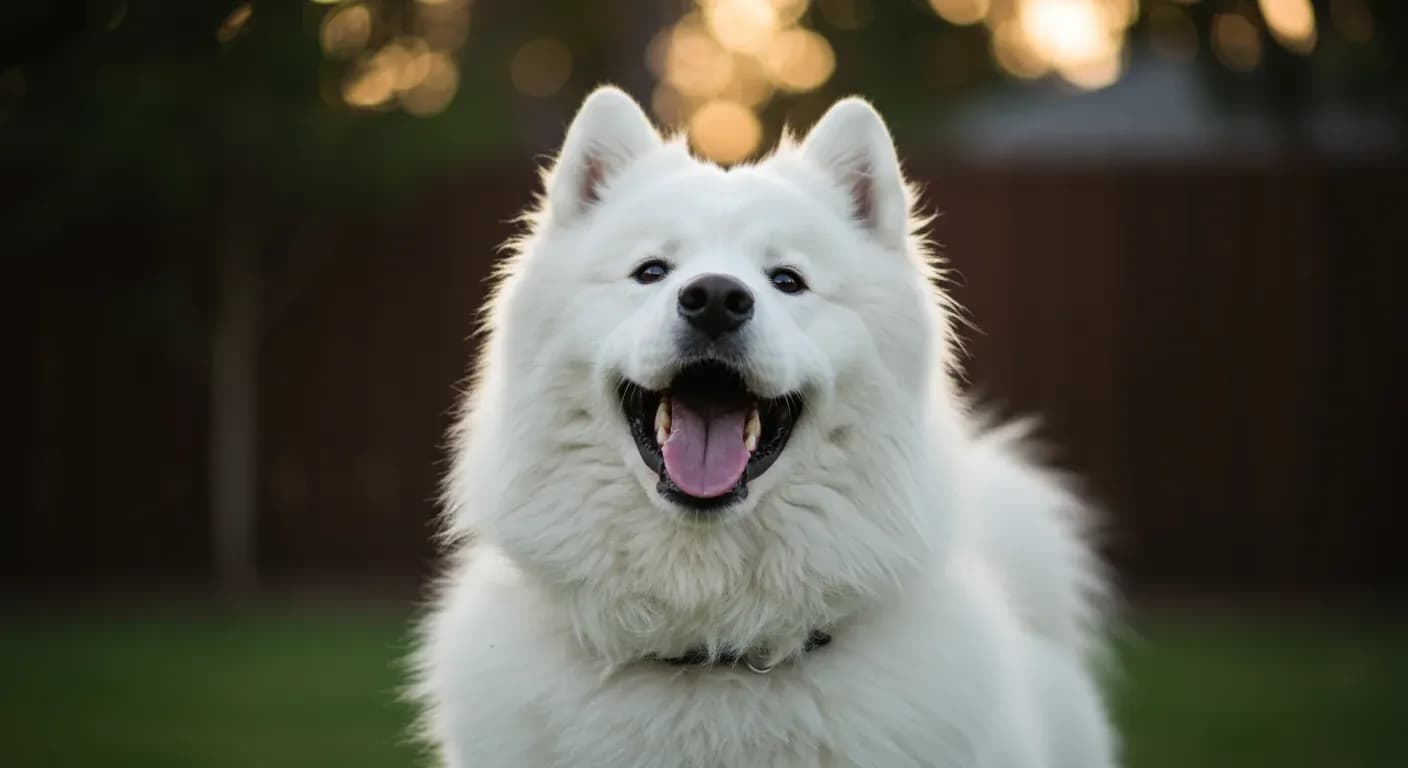 A white Samoyed dog with mouth open barking or smiling, centered in frame against a blurred backyard background, illustrating the breed's vocal and expressive nature discussed in the article