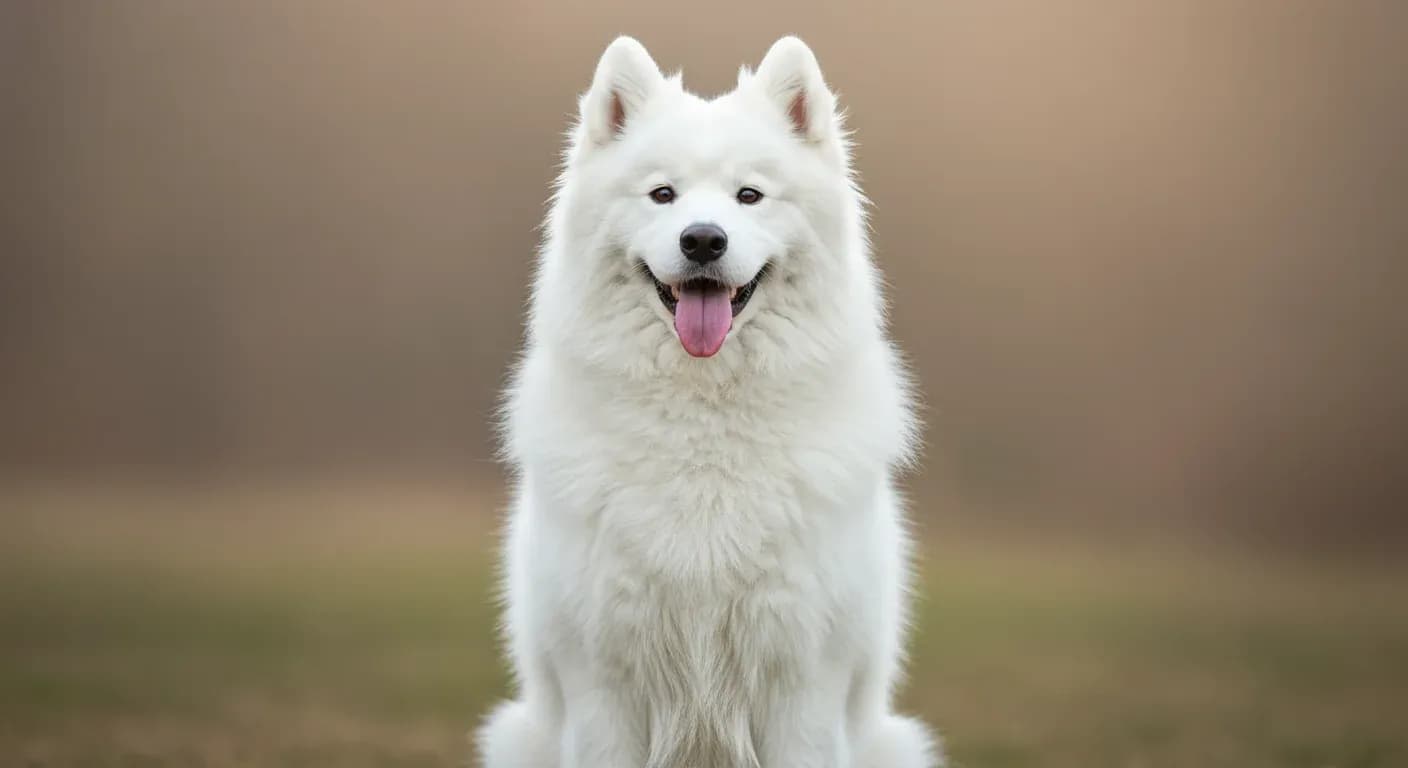 A well-groomed Samoyed dog with fluffy white coat sitting in center of frame, demonstrating the beautiful coat condition that proper grooming achieves