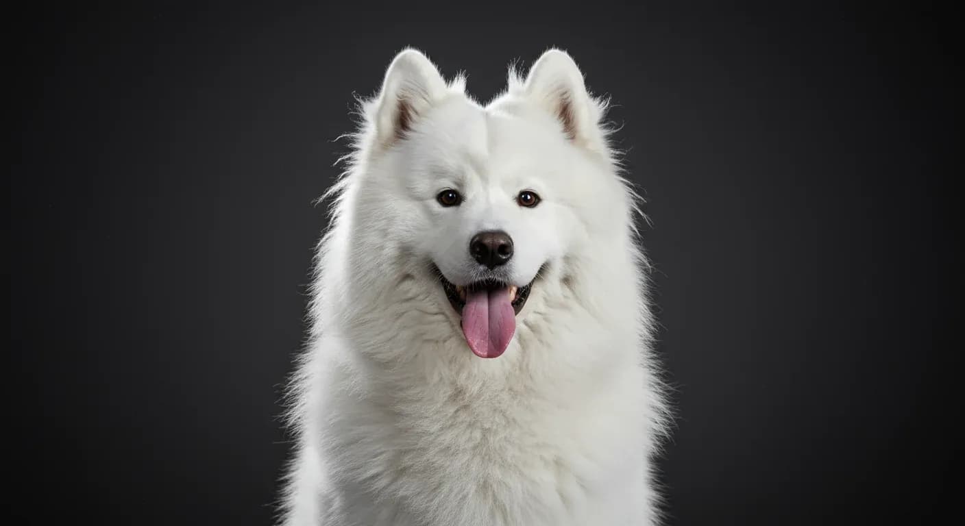 A fluffy white Samoyed dog centered in the frame showing their thick double coat, illustrating the breed's natural shedding characteristics discussed in the article