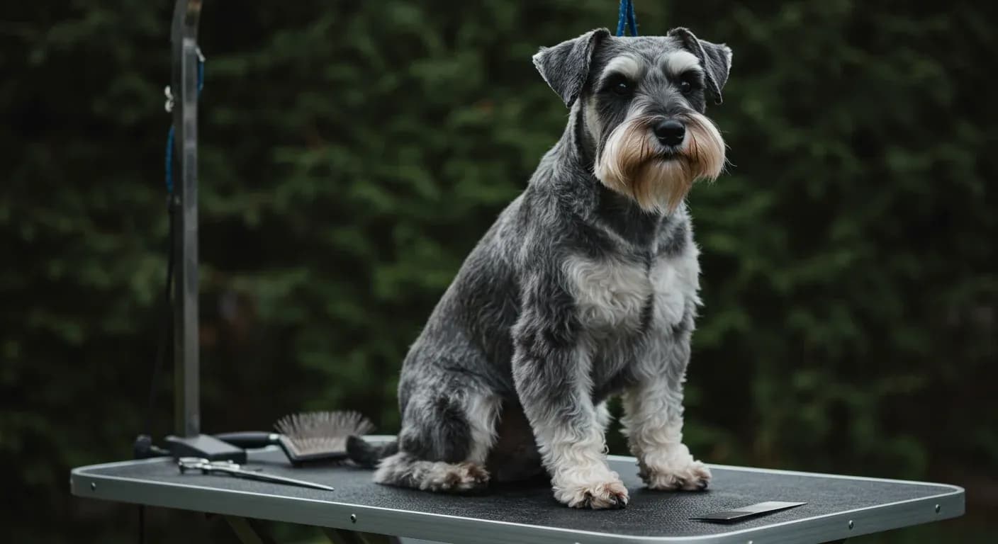 Professional portrait of a well-groomed Schnauzer centered in frame, showcasing the breed's distinctive wiry coat, eyebrows and beard, with grooming tools in the background
