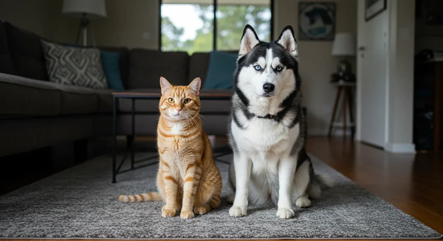 A Siberian Husky and orange tabby cat sitting peacefully together on a living room rug, demonstrating the possibility of harmonious cohabitation between these species