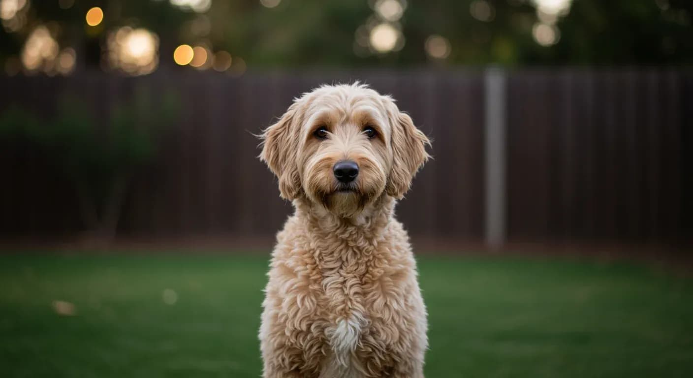 A cream Goldendoodle sitting and looking at camera with an alert, intelligent expression, demonstrating the focused attention that makes this breed highly trainable for behavior modification