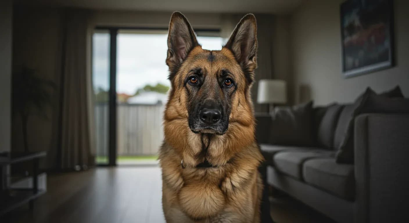 A German Shepherd dog showing mild anxiety symptoms, centered in frame in a home setting, illustrating the article's focus on recognizing and addressing anxiety in this breed