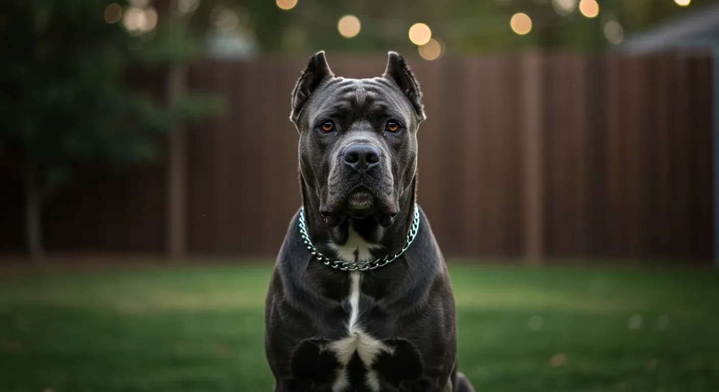 Professional portrait of a Cane Corso dog centered in frame, showcasing the breed's distinctive features and coat that makes allergy symptoms visible