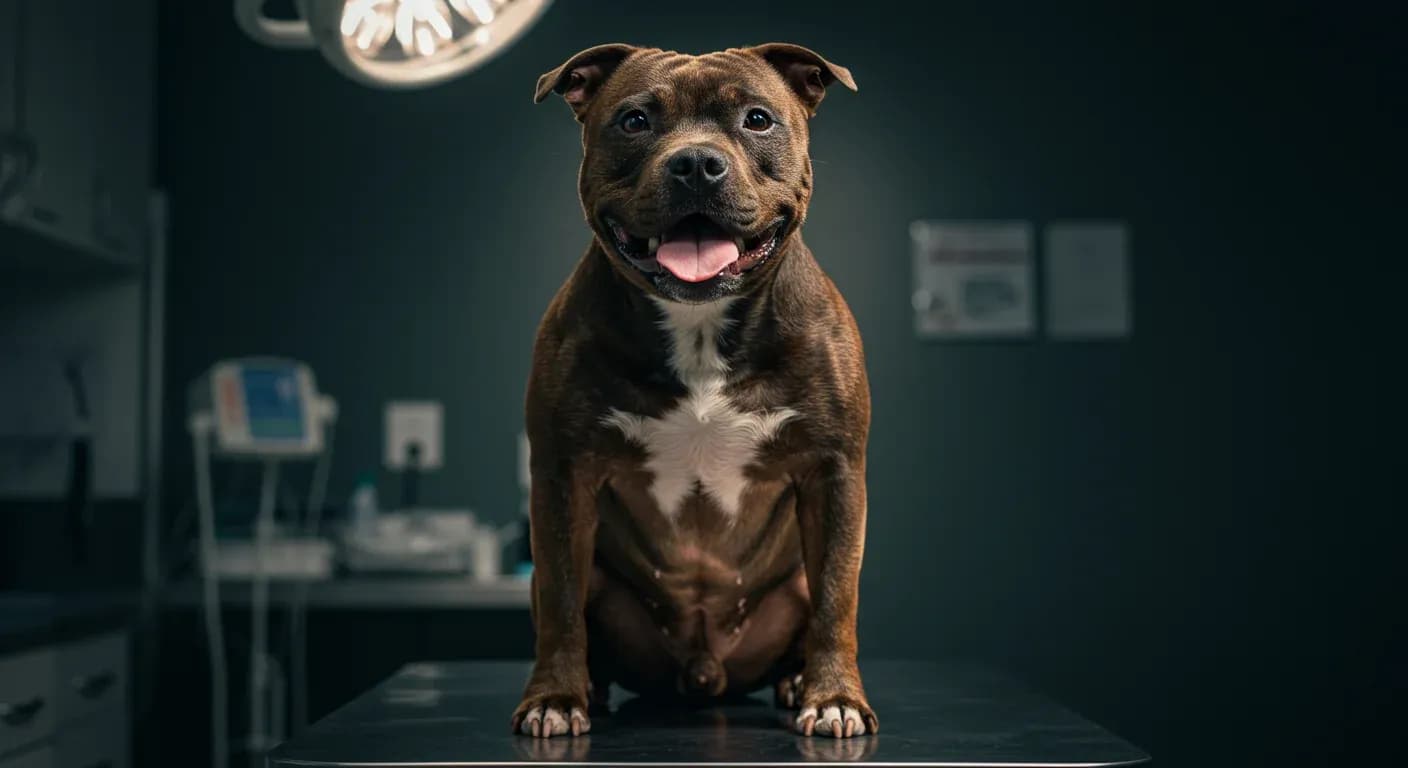 A healthy Staffordshire Bull Terrier sitting centered on a veterinary examination table, representing the importance of proactive health monitoring and veterinary care for the breed's common health issues