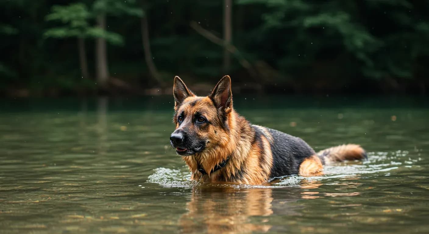 German Shepherd swimming confidently in clear water, demonstrating the low-impact exercise benefits discussed in the article about swimming for joint health