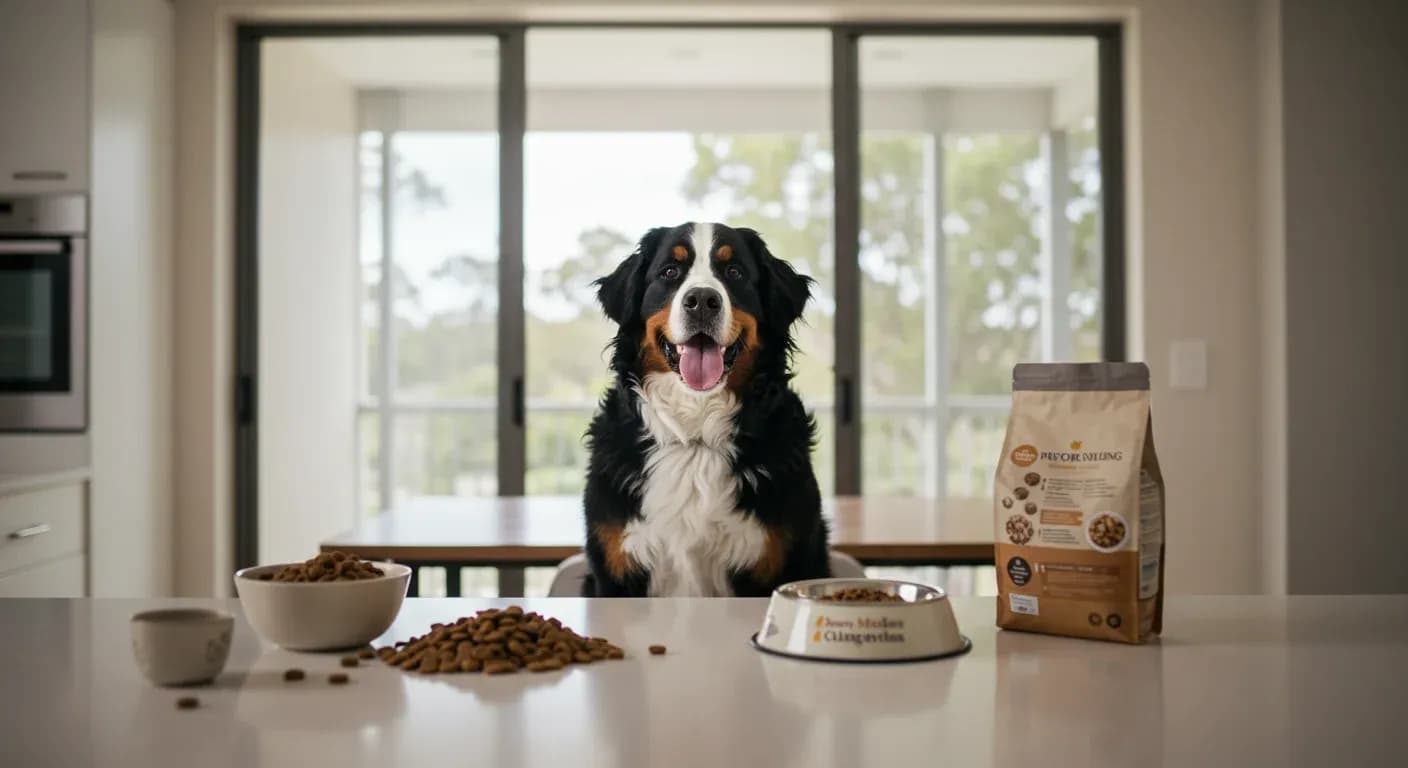 A Bernese Mountain Dog sitting at a kitchen counter surrounded by premium dog food, illustrating proper nutrition choices for the breed