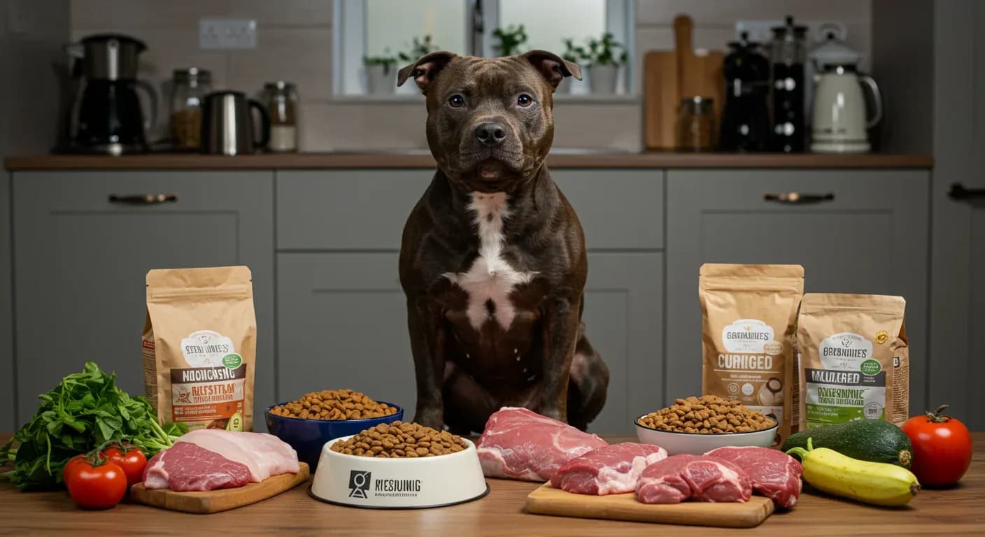 A well-built Staffordshire Bull Terrier surrounded by different types of quality dog food options including kibble, raw meat, and fresh ingredients, illustrating the comprehensive nutrition guide for this breed