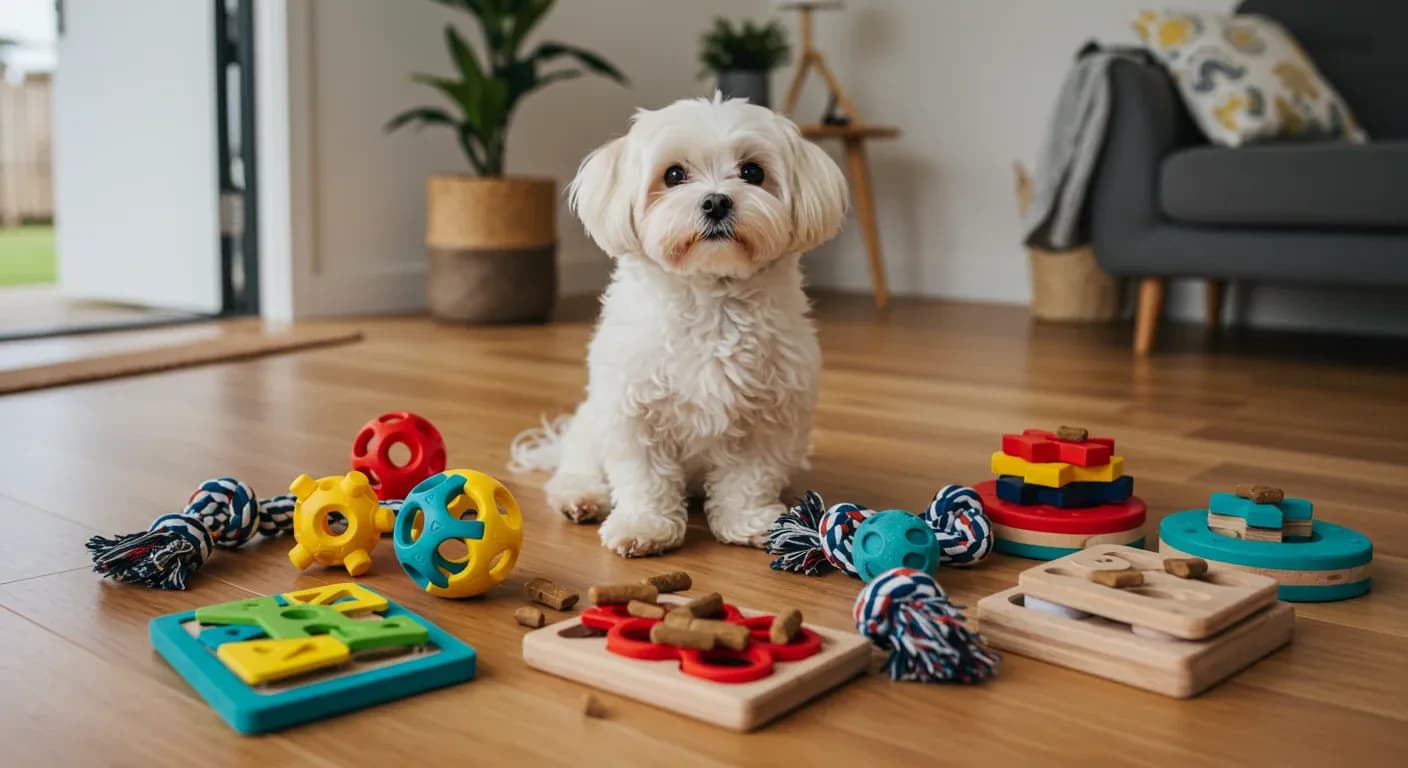 White Maltese dog sitting among various interactive toys including puzzle balls and rope toys, demonstrating the variety of engaging toys suitable for keeping small dogs mentally and physically stimulated
