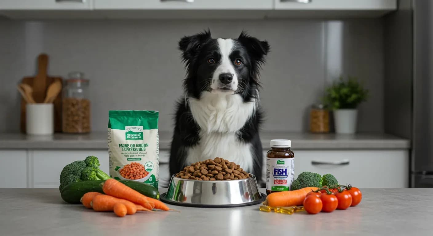 Border Collie sitting next to food bowl with nutritious ingredients, illustrating the importance of proper nutrition for this active breed