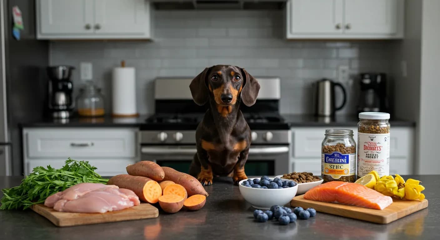 A healthy Dachshund centered at a kitchen counter surrounded by fresh, nutritious food ingredients including meat, vegetables, and berries, illustrating optimal diet choices for the breed