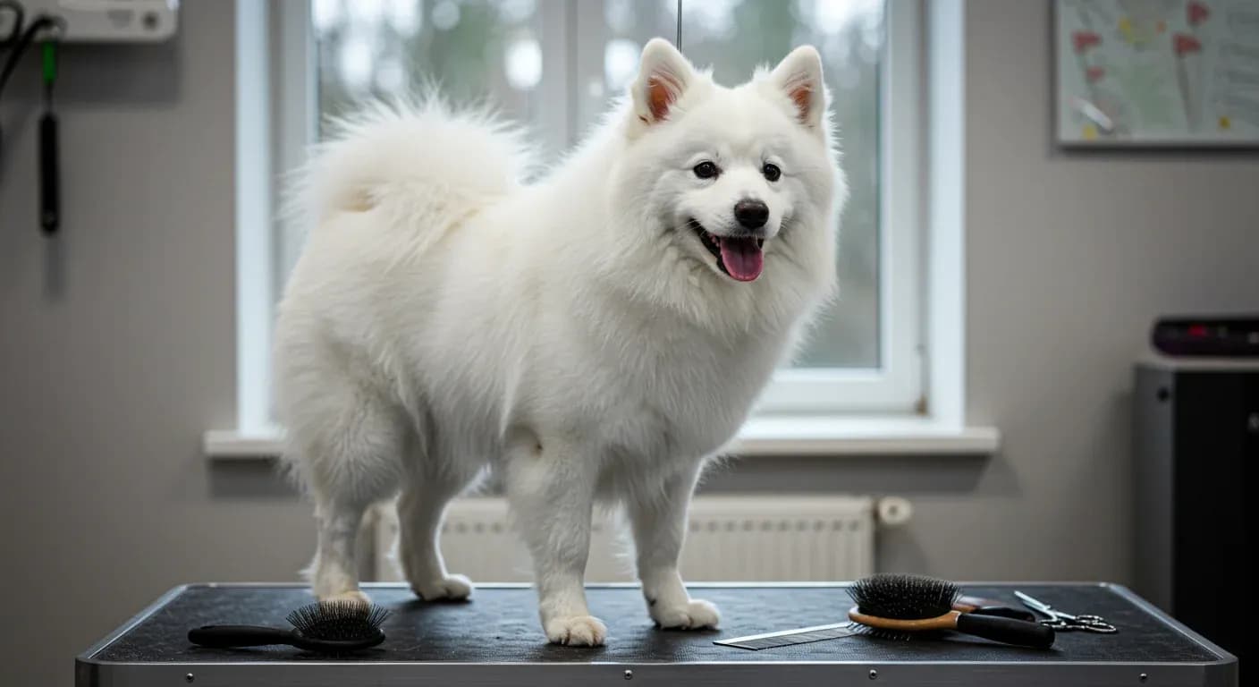 White American Eskimo dog with fluffy coat sitting centered in frame with grooming tools nearby, illustrating the importance of proper coat care for this breed