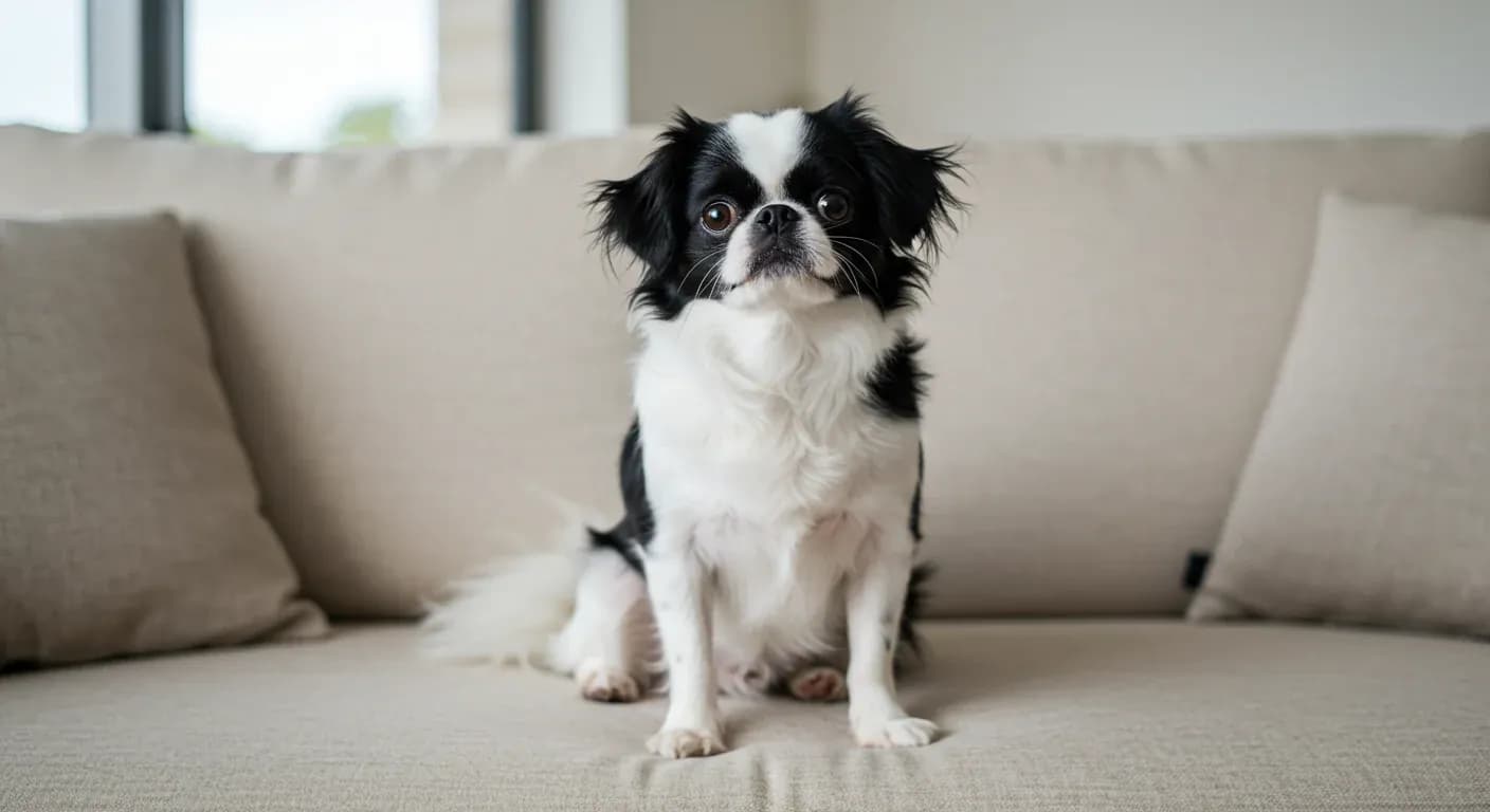 A Japanese Chin dog with black and white coat sitting on a cream sofa, looking directly at the camera with an alert, devoted expression that captures their loyal temperament