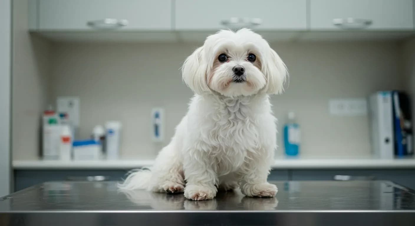 A beautiful white Maltese dog sitting on a veterinary examination table in a clean, modern clinic, representing the importance of regular health monitoring for this breed