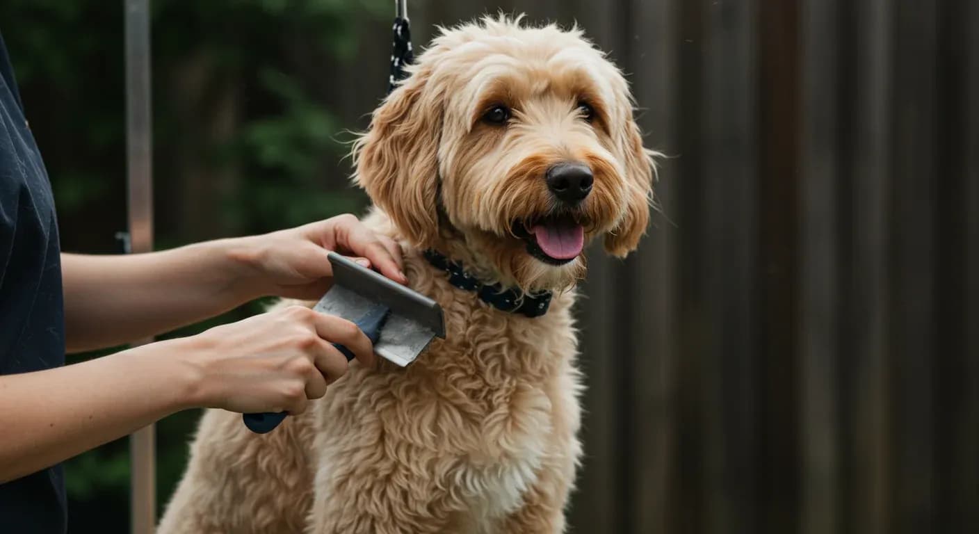 A cream Goldendoodle being gently brushed with a slicker brush, demonstrating proper grooming technique and the bond between pet and owner during coat care