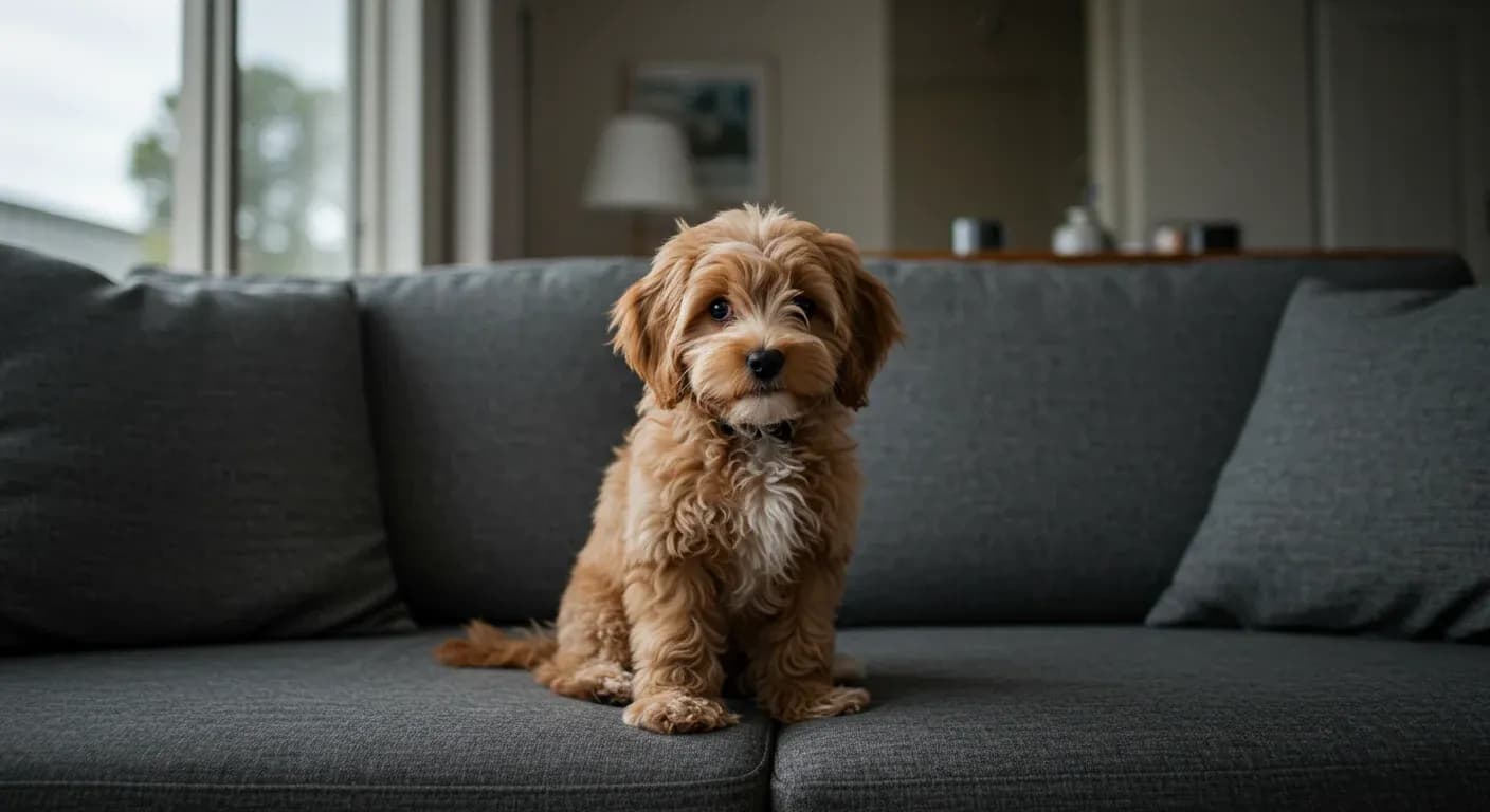 A cream-colored Cavoodle dog sitting on a sofa looking anxious, representing the breed's tendency toward separation anxiety discussed in the article