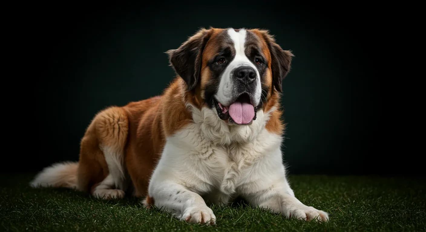 Professional studio portrait of a Saint Bernard dog showcasing its thick double coat, demonstrating the grooming challenges discussed in the article