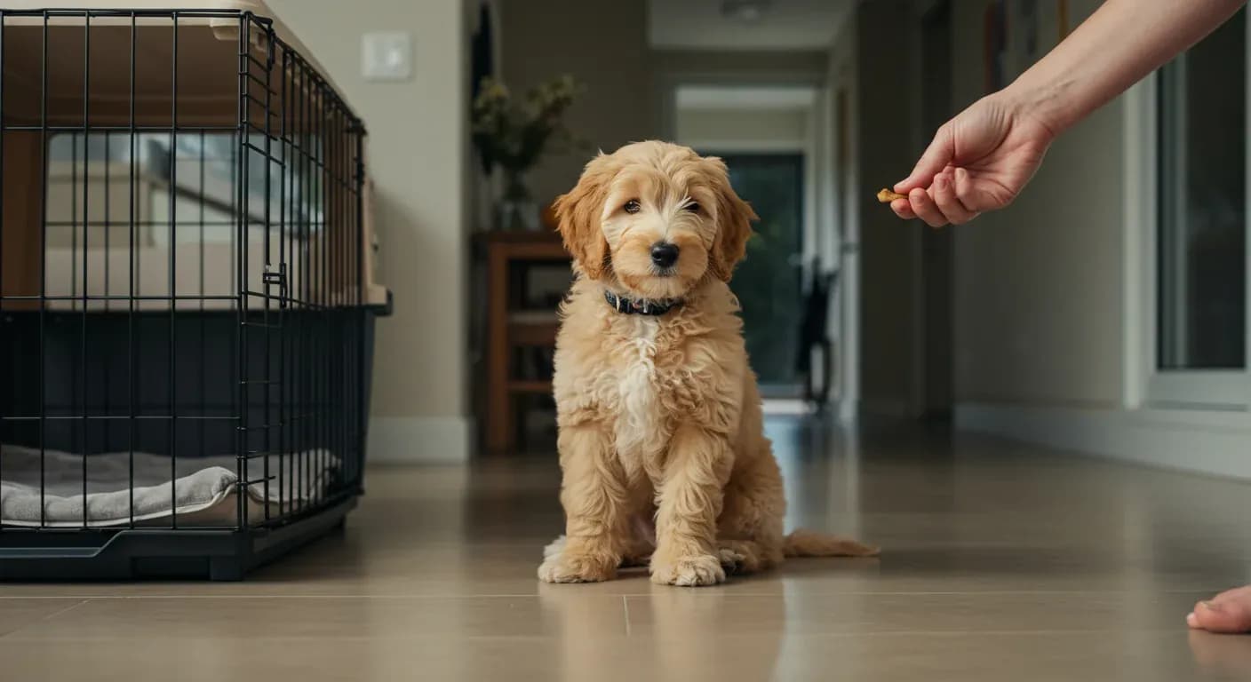 A young Goldendoodle puppy sitting next to its training crate while receiving a treat, illustrating positive reinforcement house training methods