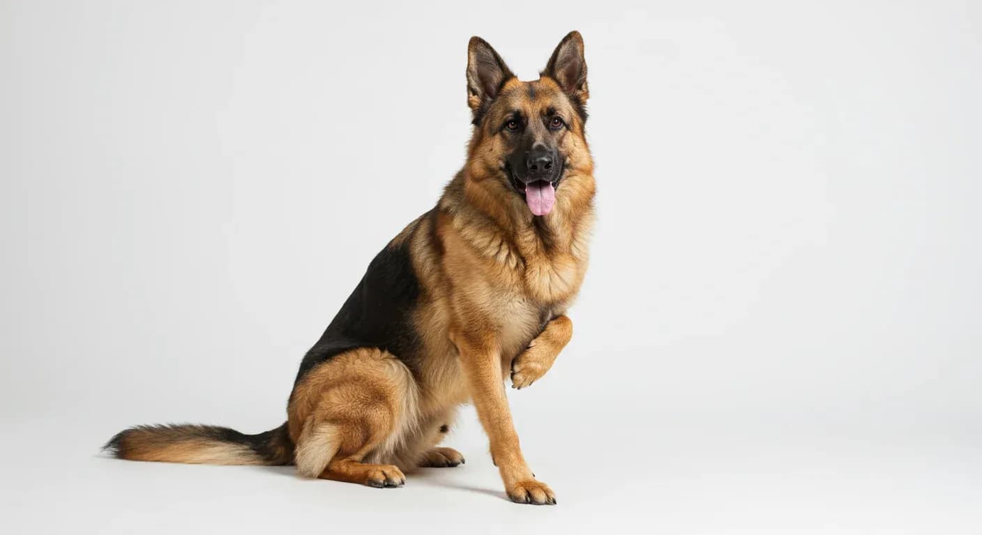 A German Shepherd dog sitting with one paw raised, displaying well-maintained nails, representing proper nail care for the breed