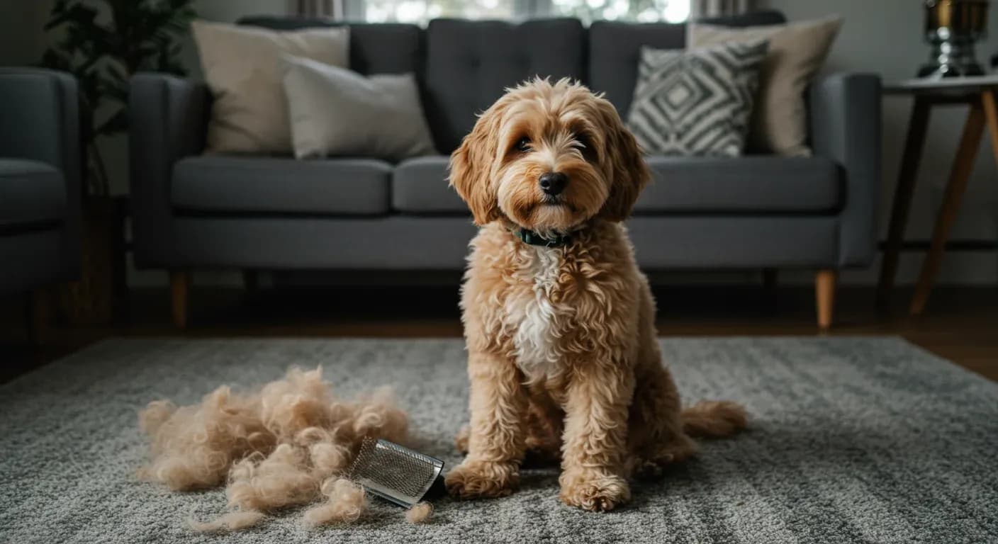 A cream Cavoodle with curly coat sitting on carpet with visible shed fur around it and a grooming brush nearby, illustrating the article's focus on managing Cavoodle shedding through proper care