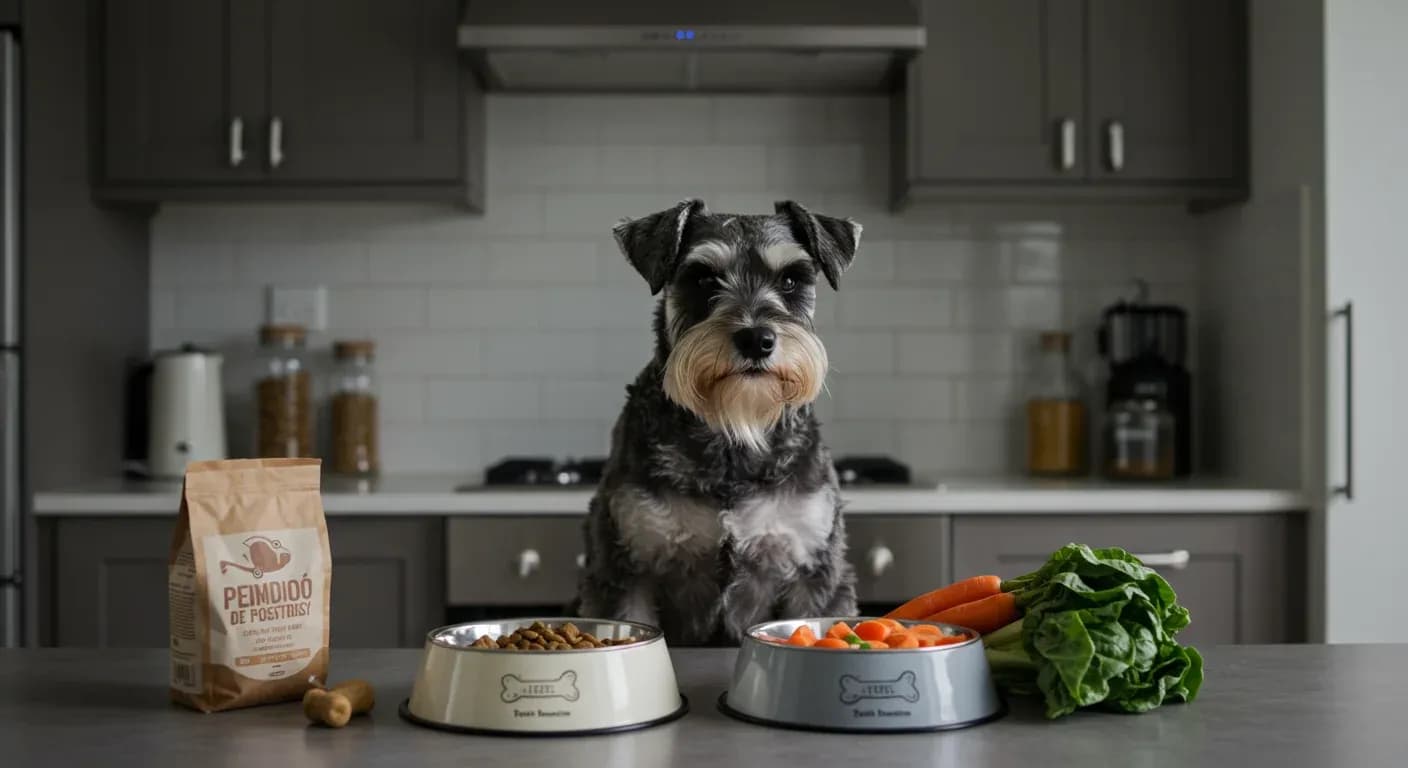 A well-groomed Miniature Schnauzer sitting at a kitchen counter with healthy dog food, representing proper nutrition for the breed