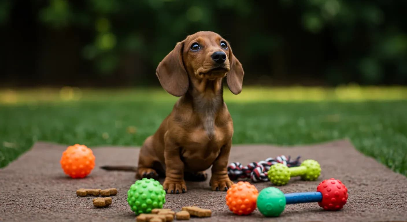 Dachshund puppy sitting on training mat surrounded by toys, demonstrating the focus and intelligence needed for successful puppy training