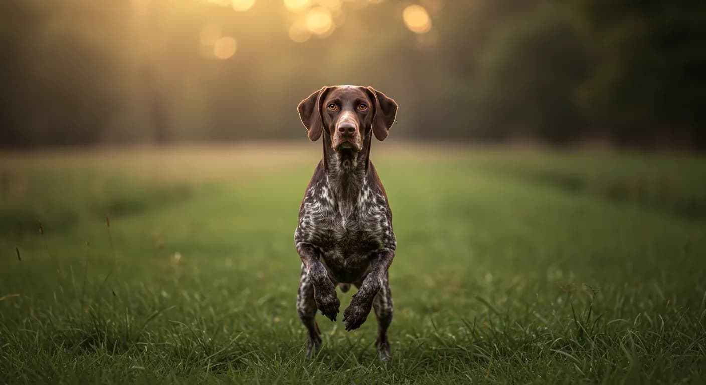 German Shorthaired Pointer in classic pointing stance in a field, demonstrating the breed's natural hunting instincts and focused temperament discussed in the training article