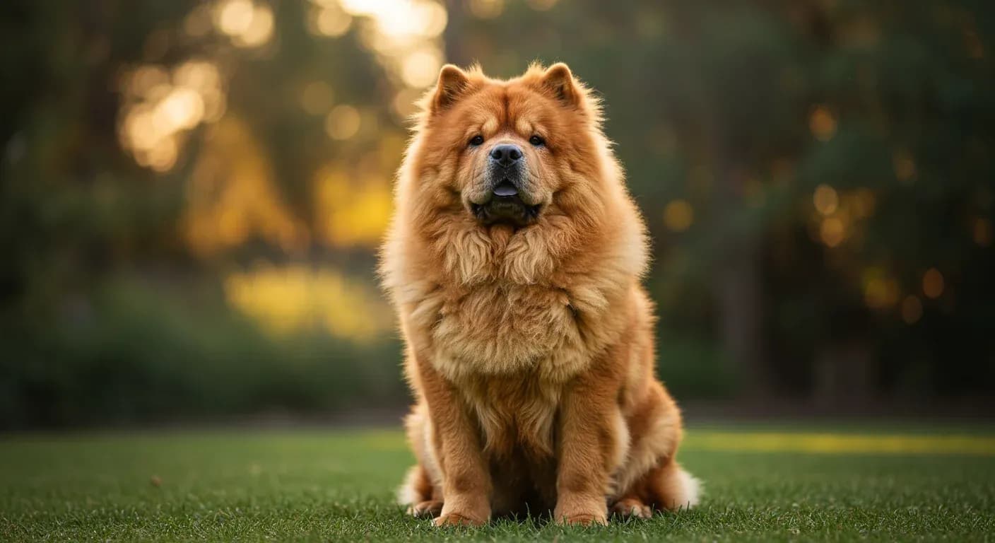 A majestic red Chow Chow sitting calmly in an Australian garden setting, demonstrating the breed's naturally dignified and protective nature discussed in the training article