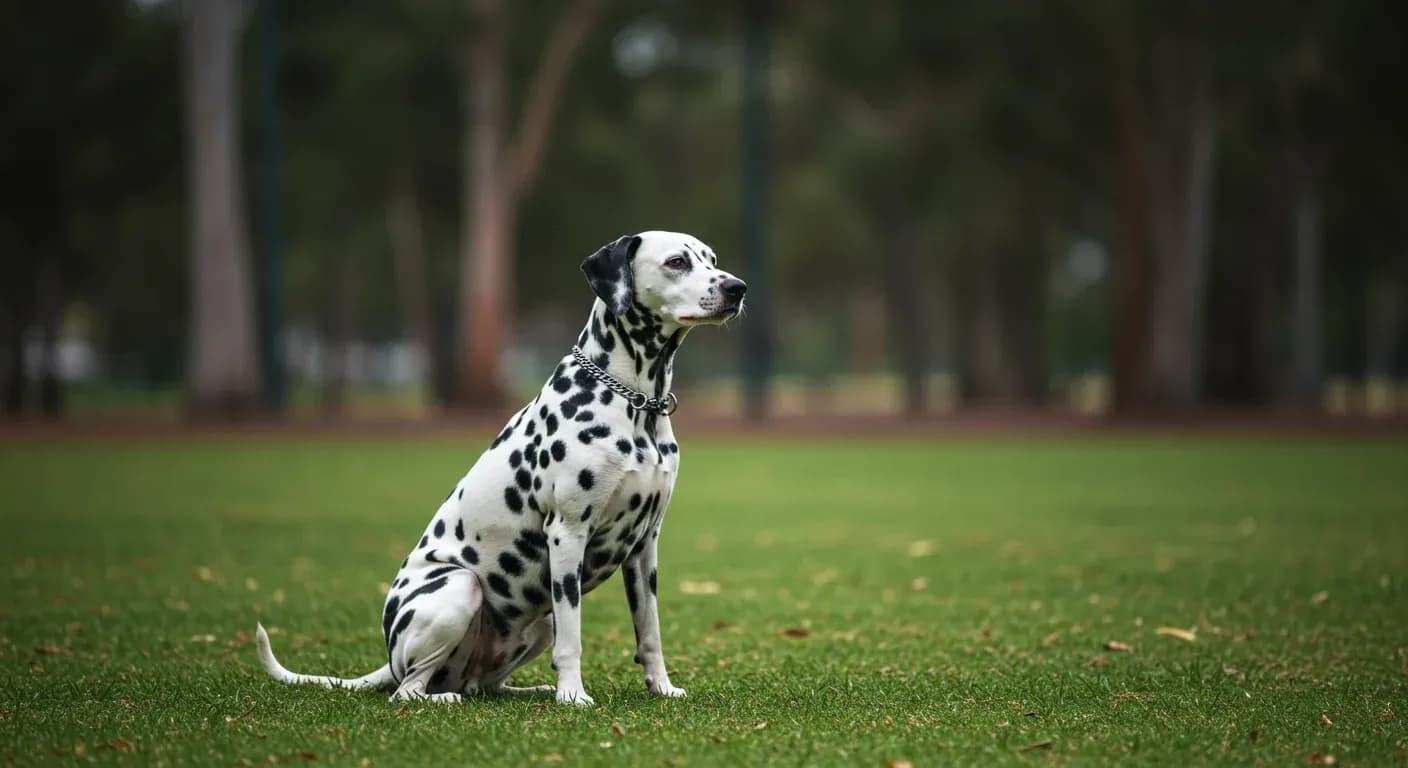 A Dalmatian dog sitting attentively during training in a park, showcasing the breed's alert intelligence and distinctive spotted coat pattern essential for effective training