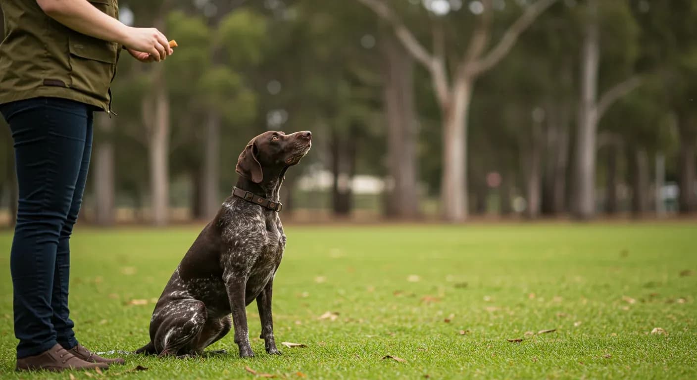 German Shorthaired Pointer sitting attentively during training session, demonstrating the focused attention and intelligence discussed in the training guide