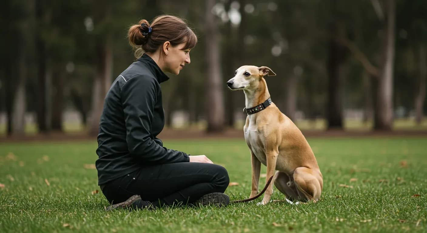 A Whippet dog centered in frame during a training session with its owner in a park, demonstrating the gentle, positive training approach discussed in the article