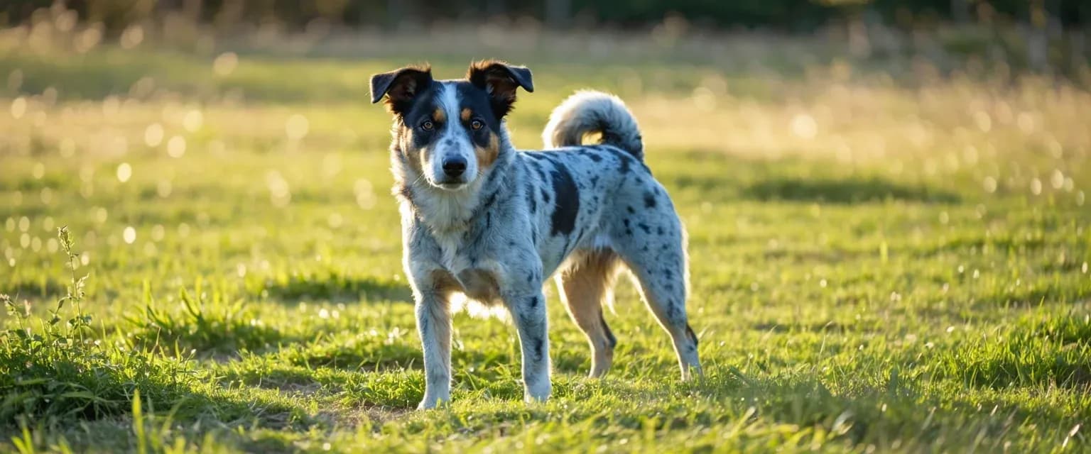A healthy Blue Heeler dog standing confidently in Australian grassland, demonstrating the breed's robust build and alert nature that contributes to their 12-16 year lifespan