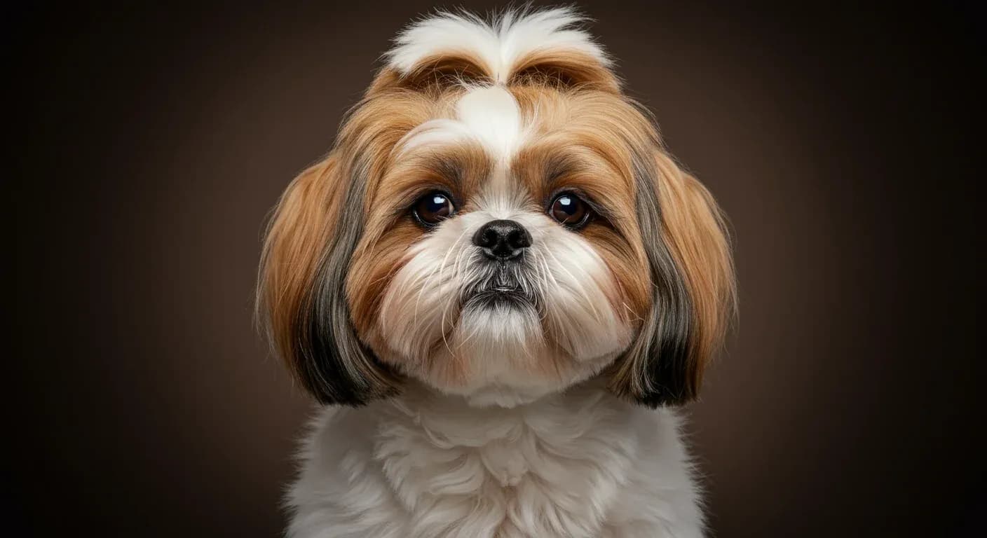 Close-up portrait of a Shih Tzu with long, silky coat showcasing the breed's distinctive features and beautiful coat that requires careful skin care management
