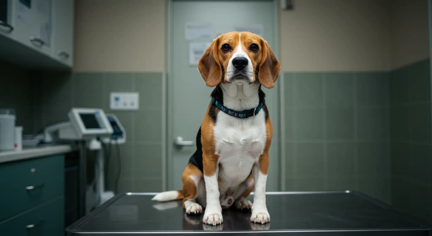 A healthy Beagle sitting calmly in a veterinary clinic, representing the importance of professional care for managing allergies in this breed