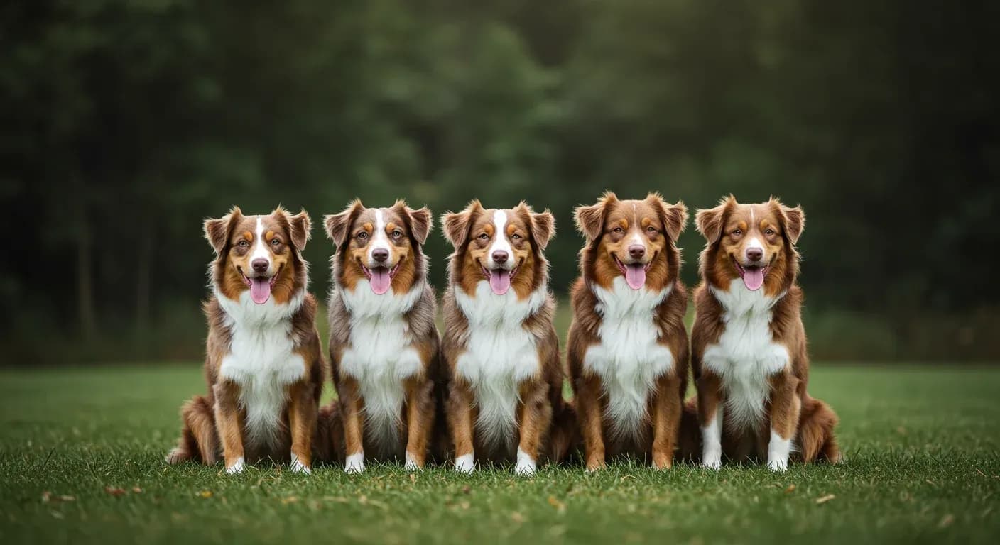 Four Australian Shepherds displaying the breed's main coat color variations - blue merle, red merle, black, and red - arranged together to illustrate genetic diversity in coat colors