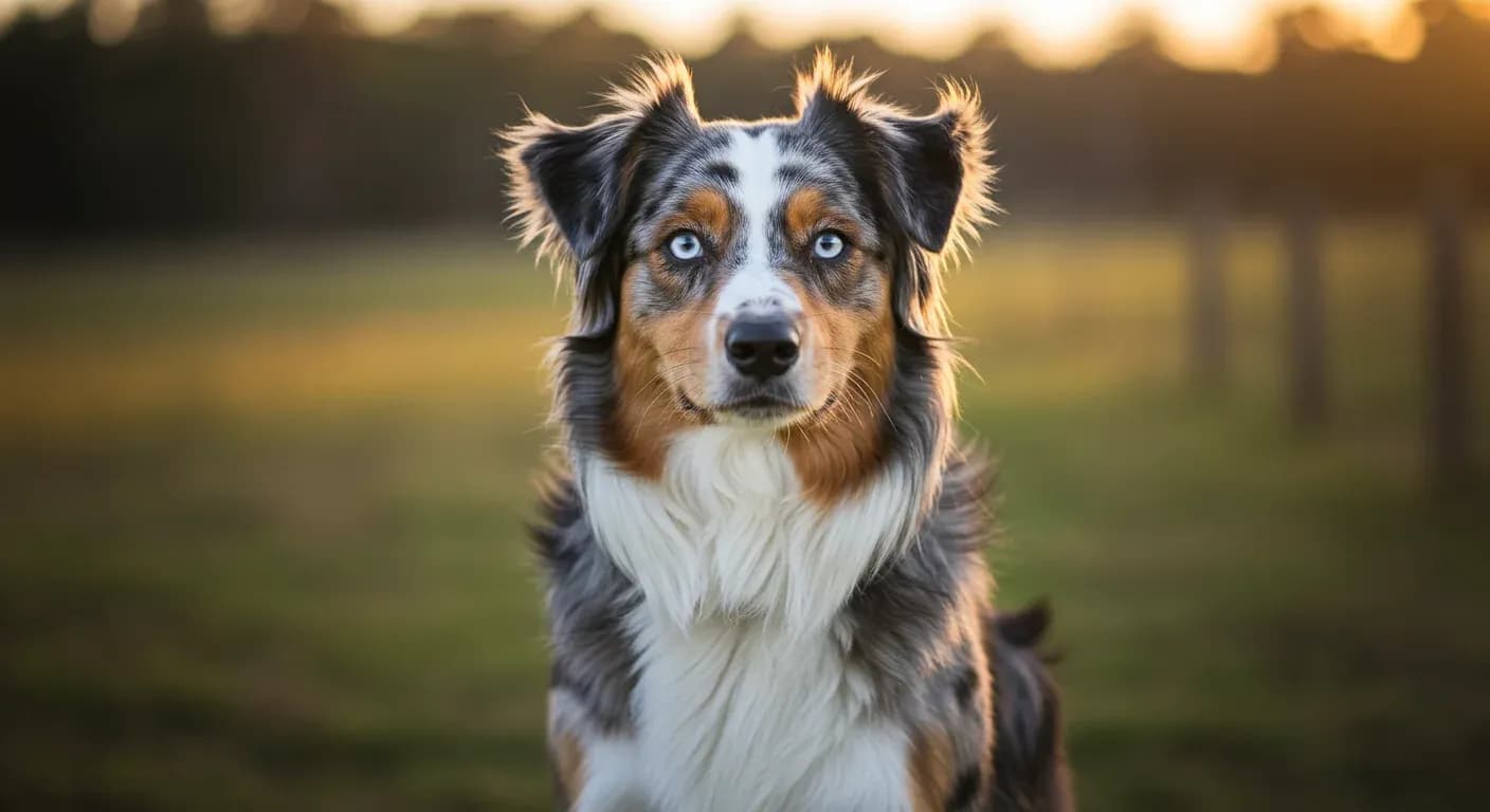 Close-up portrait of an Australian Shepherd with blue eyes and tri-color coat looking directly at camera, representing the breed's intelligence and intensity discussed in the temperament guide