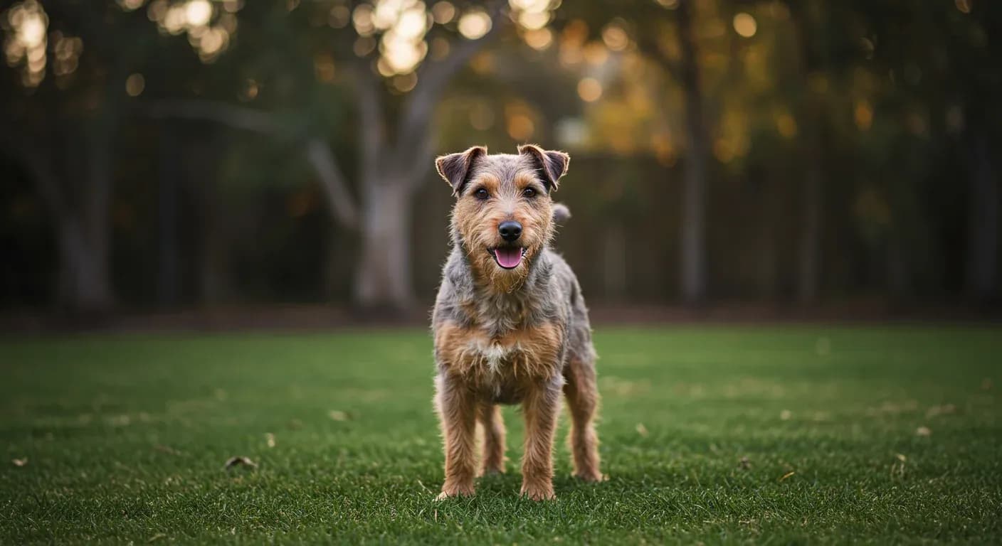 Healthy Australian Terrier standing alert in centered composition in an Australian backyard, representing the breed's overall health and vitality discussed in the comprehensive health guide