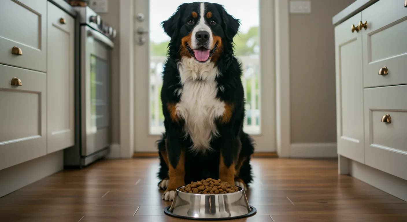 Adult Bernese Mountain Dog sitting next to a food bowl in a kitchen, illustrating the article's focus on proper nutrition for this large breed