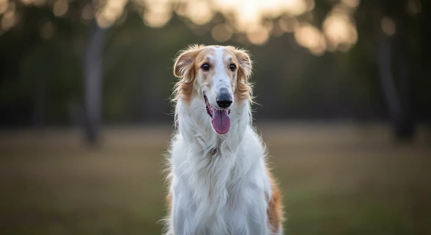 Portrait of a Borzoi dog with flowing coat centered in frame, showcasing the breed's gentle and dignified temperament discussed in the article