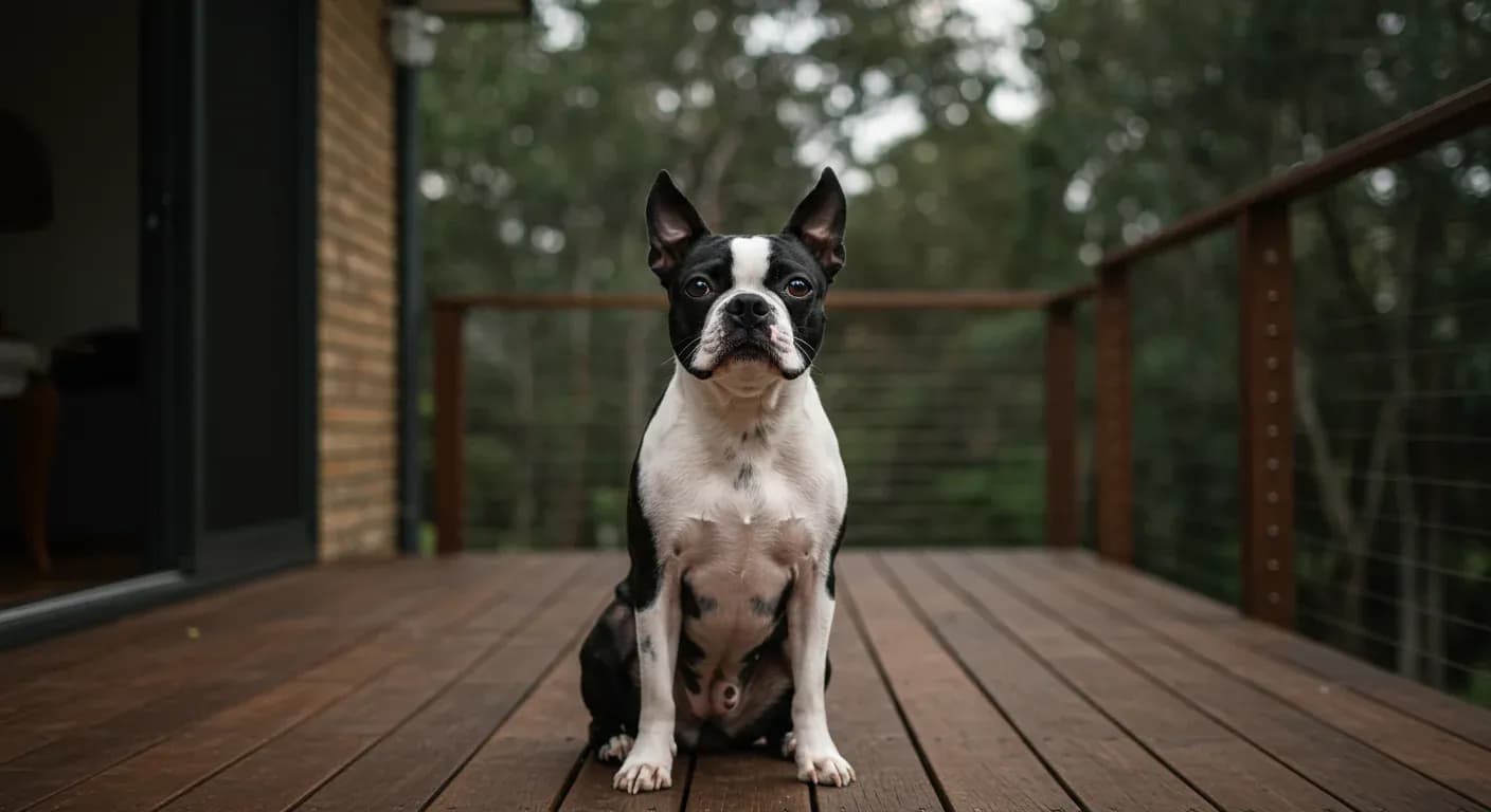 A Boston Terrier with black and white markings sitting on a wooden deck, demonstrating the breed's friendly and alert personality that the article discusses