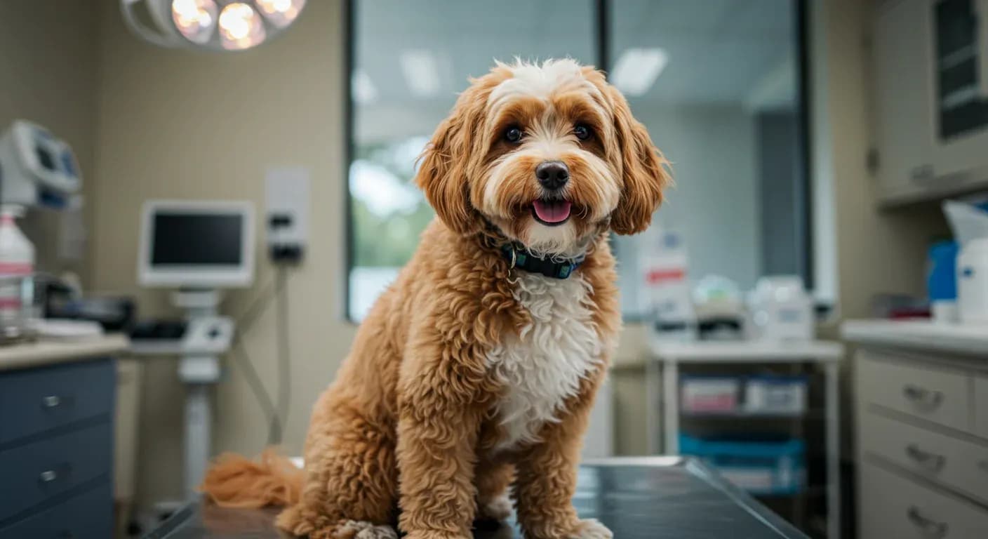 A healthy Cavoodle sitting in a veterinary clinic, representing comprehensive health care and monitoring for the breed