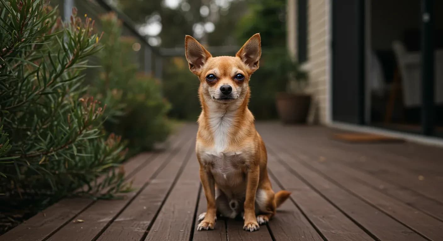 A small Chihuahua dog sitting confidently on a wooden deck, demonstrating the breed's bold personality despite their tiny size