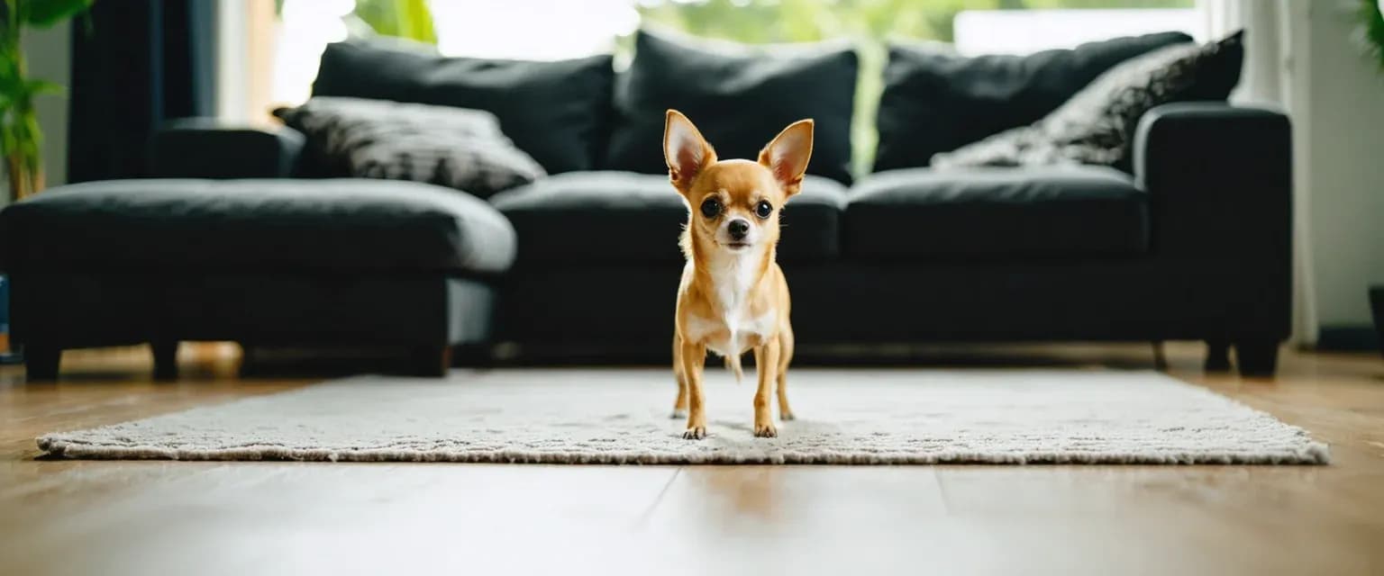 A confident Chihuahua standing alert in the center of a modern living room, demonstrating the bold personality traits discussed in the article about understanding Chihuahua temperament