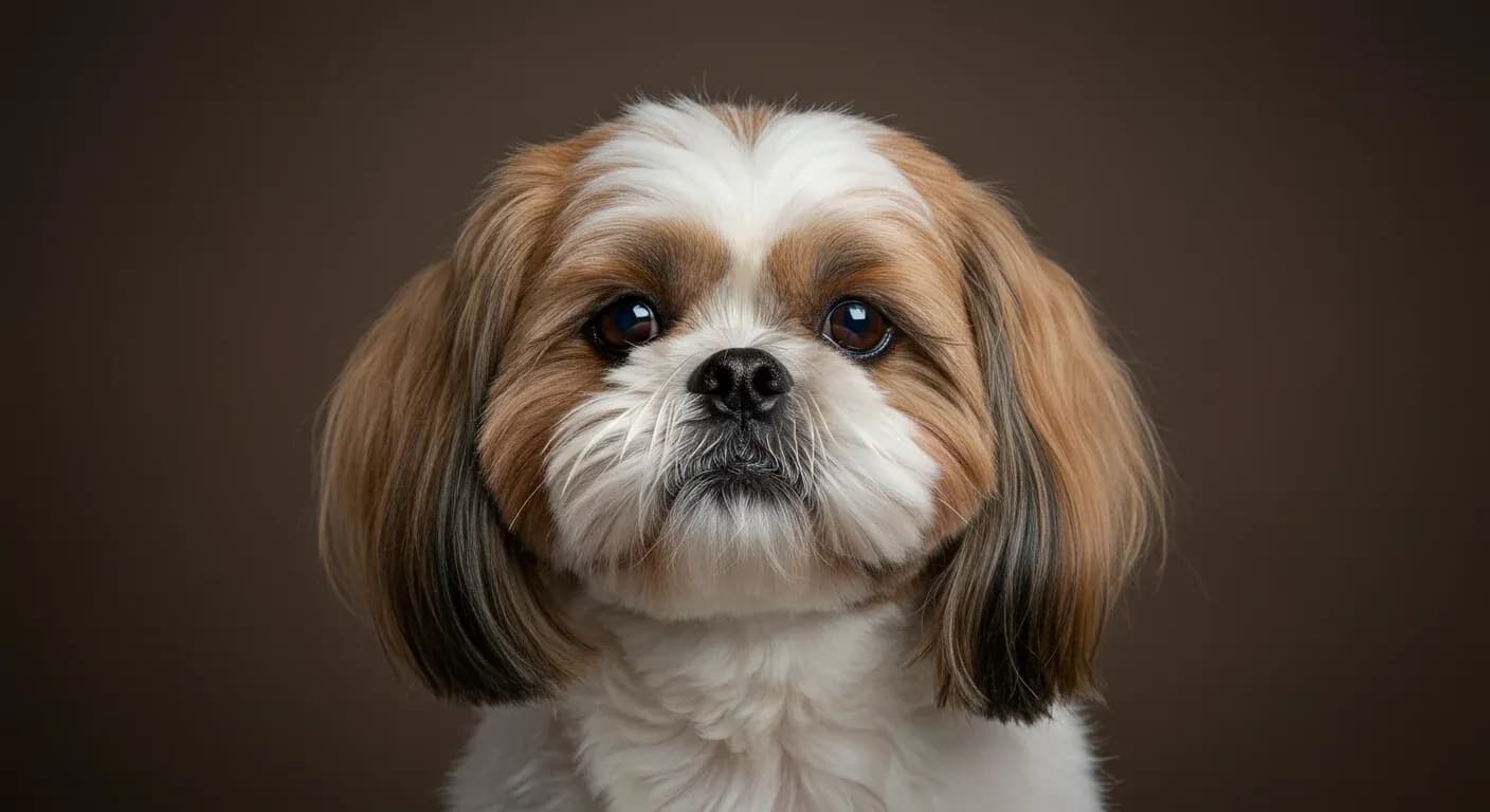 Close-up portrait of a Shih Tzu dog with long, silky coat and distinctive facial features, illustrating the breed's dense fur and facial folds that can complicate food allergies