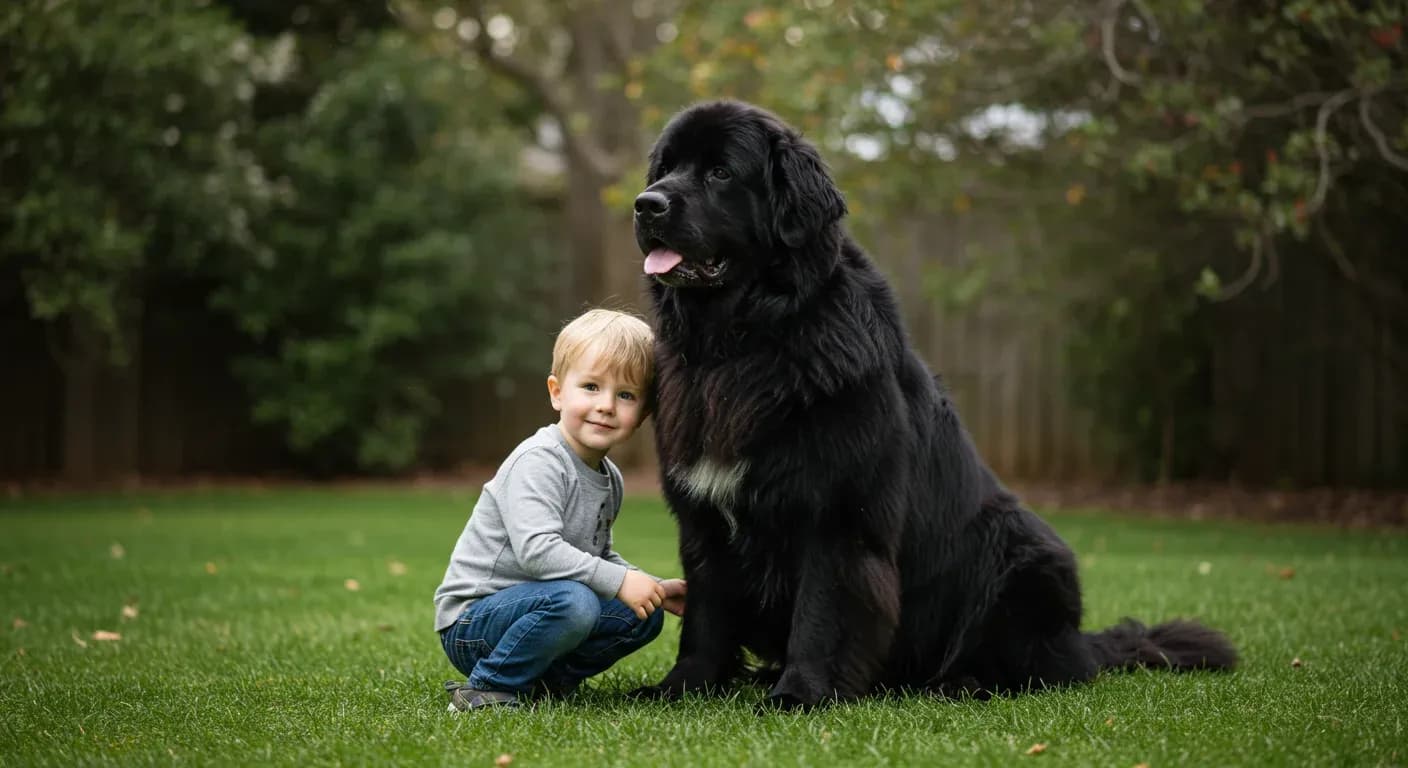 A gentle black Newfoundland dog sitting patiently beside a young child in a backyard, demonstrating the breed's famous protective and nurturing temperament with children