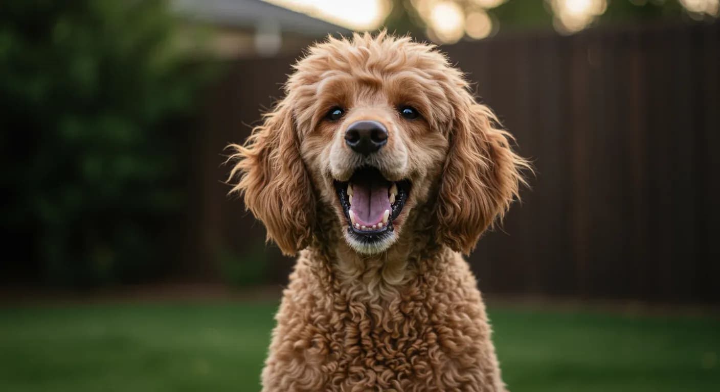 A Standard Poodle with apricot curly coat barking in a suburban backyard, demonstrating the breed's naturally vocal behavior discussed in the article