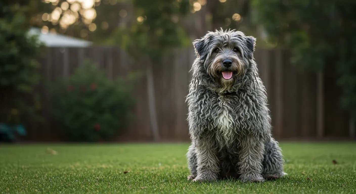 A Puli dog with its characteristic corded coat sitting alertly in the center of an Australian backyard, showcasing the breed's intelligent and independent temperament discussed in the article
