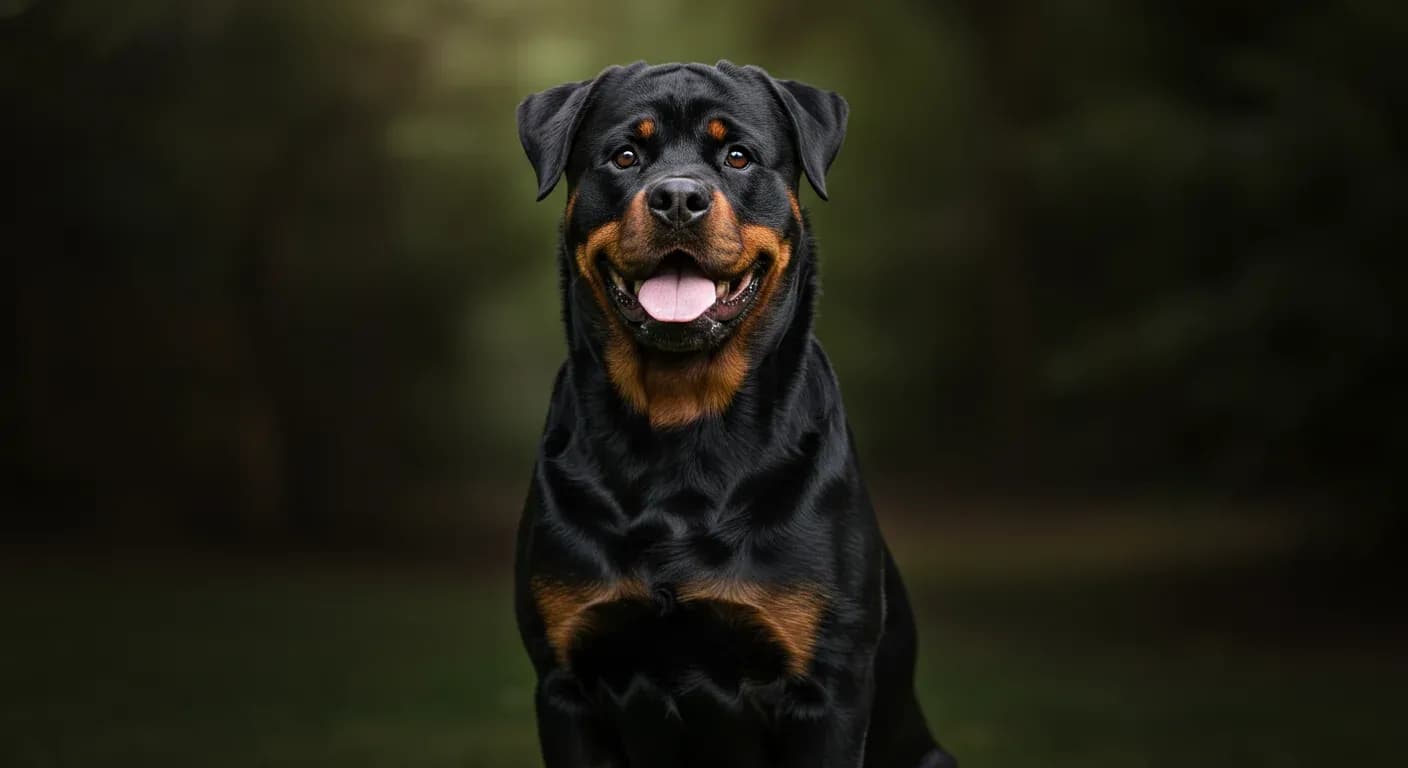 Professional portrait of a confident Rottweiler sitting calmly, demonstrating the breed's intelligent and composed temperament discussed in the training and behavior article